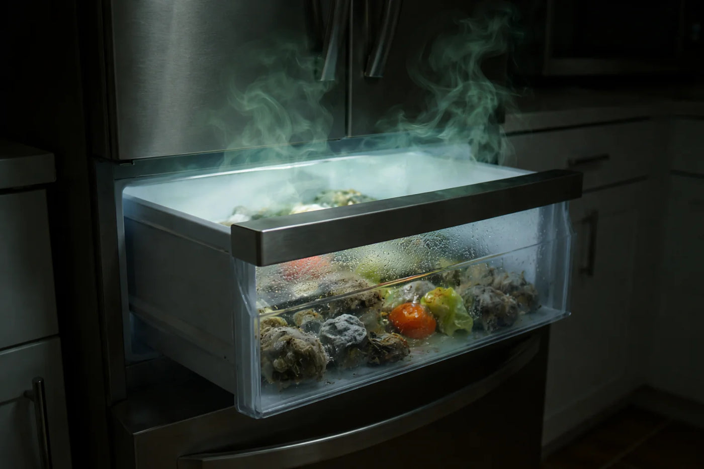 Dramatic visualization of contaminated refrigerator interior