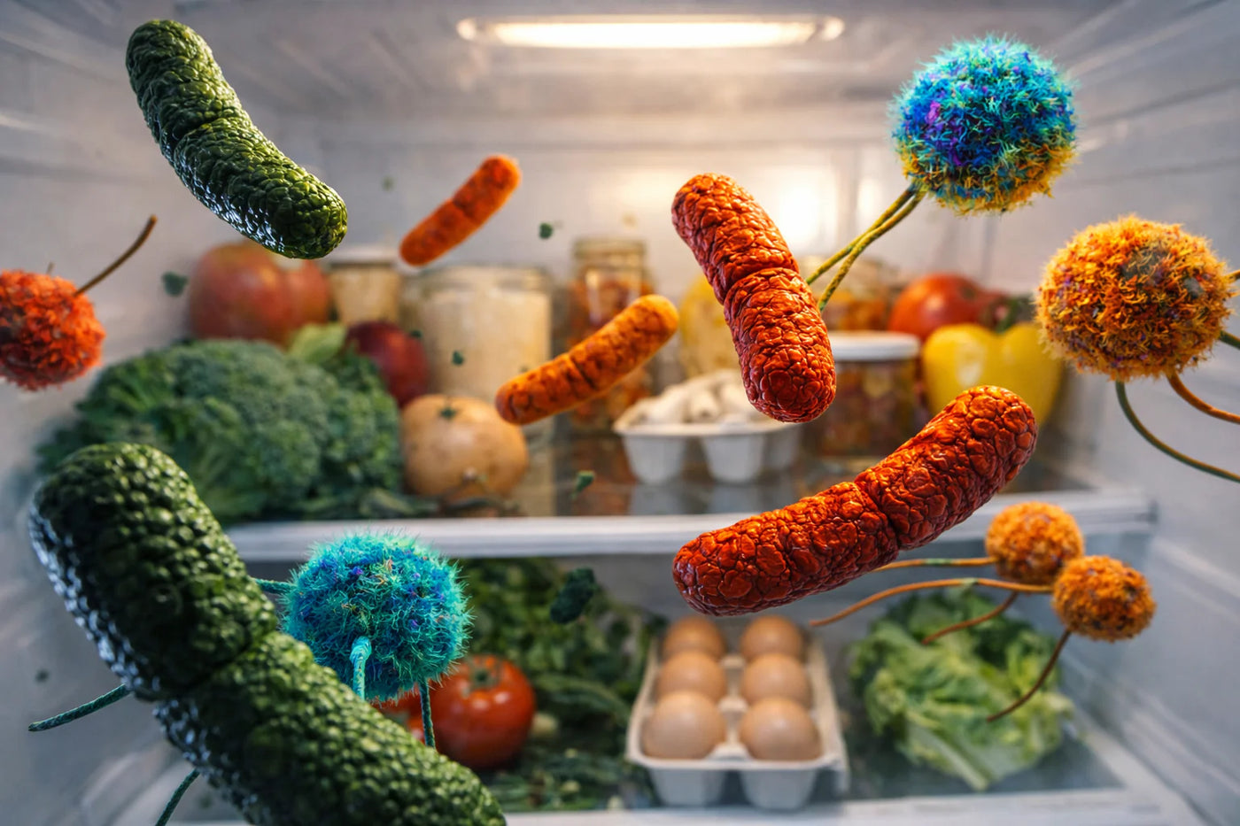 Bacteria and mold spores floating in refrigerator