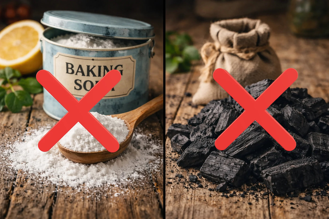 Baking soda and charcoal bags marked with red X