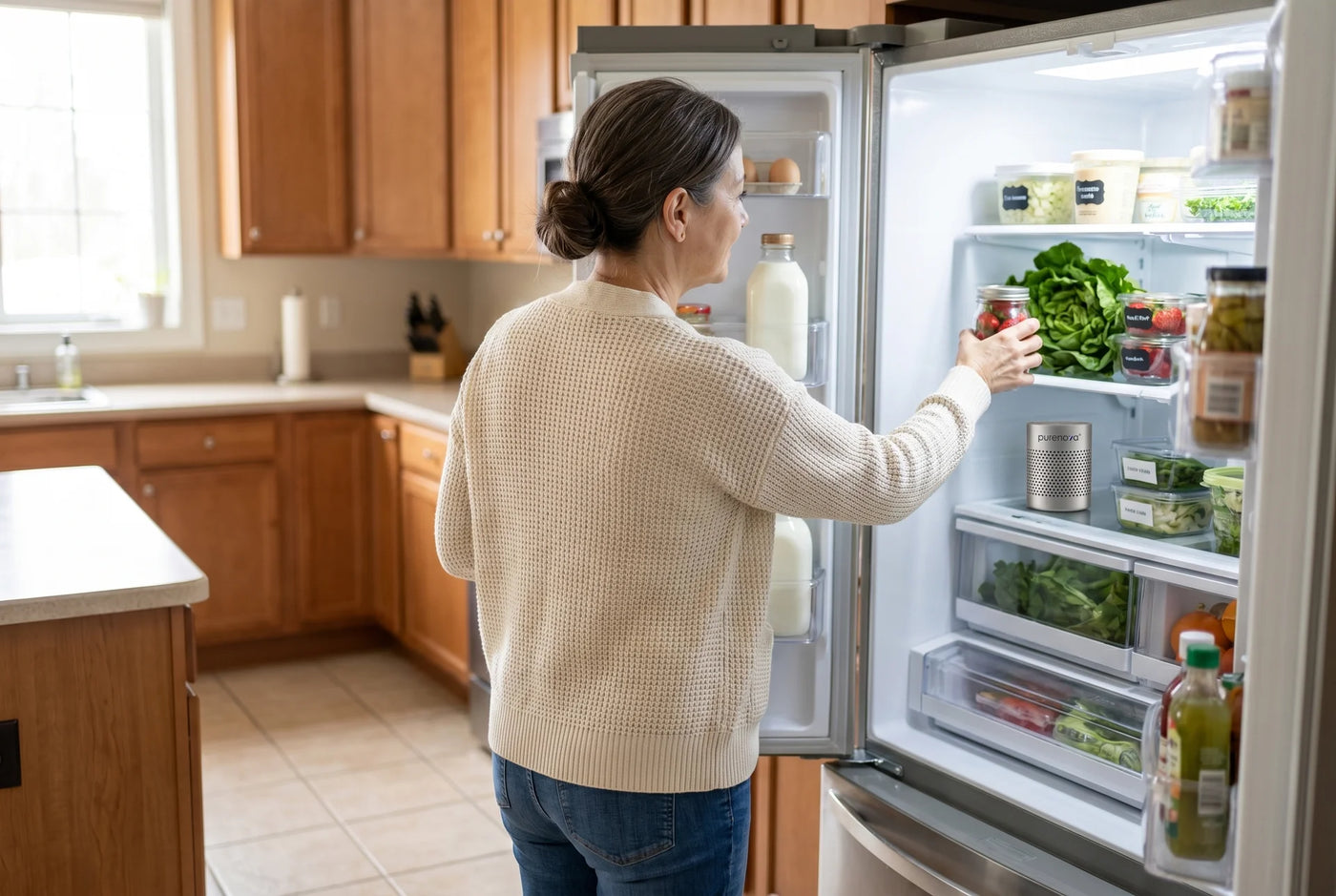 Nancy looking into her clean refrigerator with PureNova