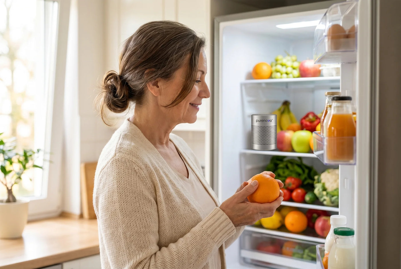 Nancy happy with clean fridge